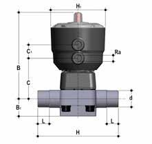 PVDF DKDF/CP DA Pneumatically actuated diaphragm valve with male ends for socket fusion, metric series.