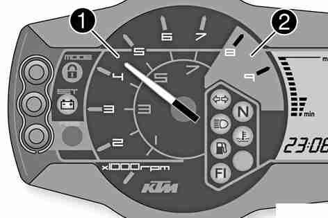 OPERATING ELEMENTS 32 5.15Combination instrument - tachometer The tachometer displays the engine speed in revolutions per minute. The red marking shows the excess engine speed range. 100118-10 5.