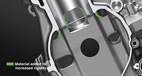 Modified cylinder head provides the clearance to accommodate race-kit high-lift cams. Reinforced, high-rigidity crankcase offers increase reliability and performance for a race-tuned engine.