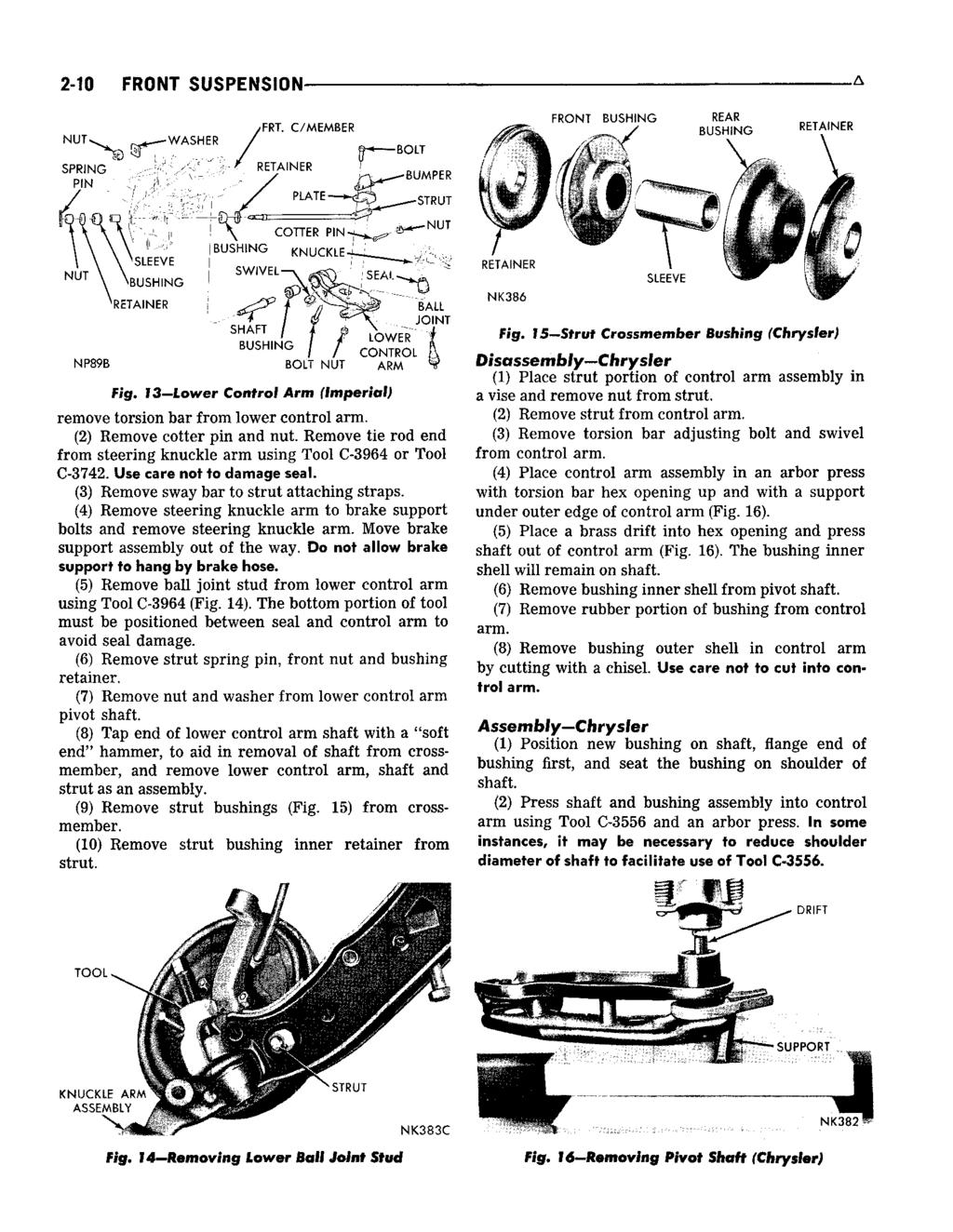 2-10 FRONT SUSPENSION A Fig. 15 Strut Crossmember Bushing (Chrysler) Fig. 13 Lower Control Arm (Imperial) remove torsion bar from lower control arm. (2) Remove cotter pin and nut.