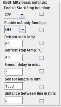 Parameter settings Parameter Enable Start/Stop function Enable ma only function Defrost Start in % Defrost stop temp. Sensor delay in min. Sensor lenght in mm. Distance between fins in mm.