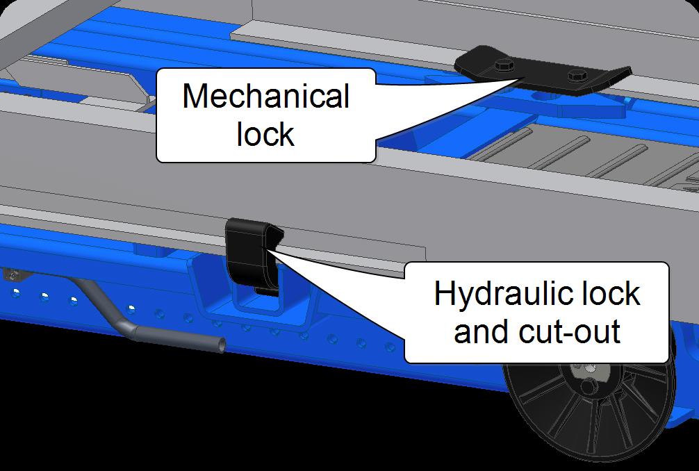 About the Hook-Lift Optional Locking Mechanisms LA-Model Hook-Lifts LA-models are equipped with both a folding-hook-post (I) and a safety-hook (J), as shown above.