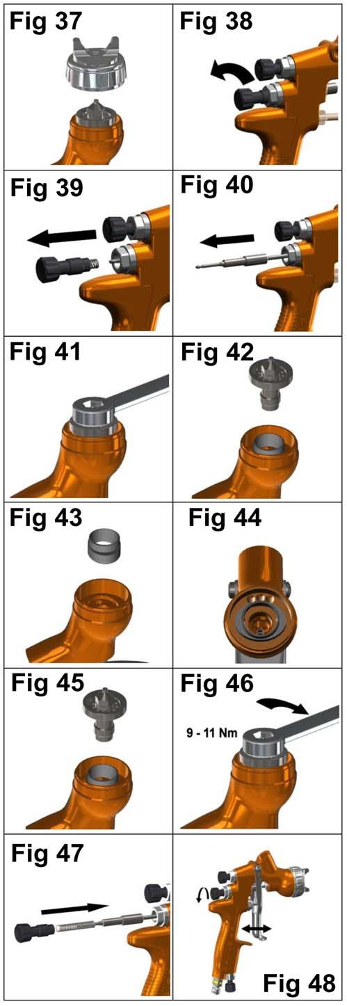 Parts Replacement/ Maintenance SEPARATOR SEAL REPLACEMENT 1. Remove air cap and retaining ring. (See fig 37) 2. Remove fluid adjusting knob, spring, and spring pad. (See figs 38 & 39) 3.