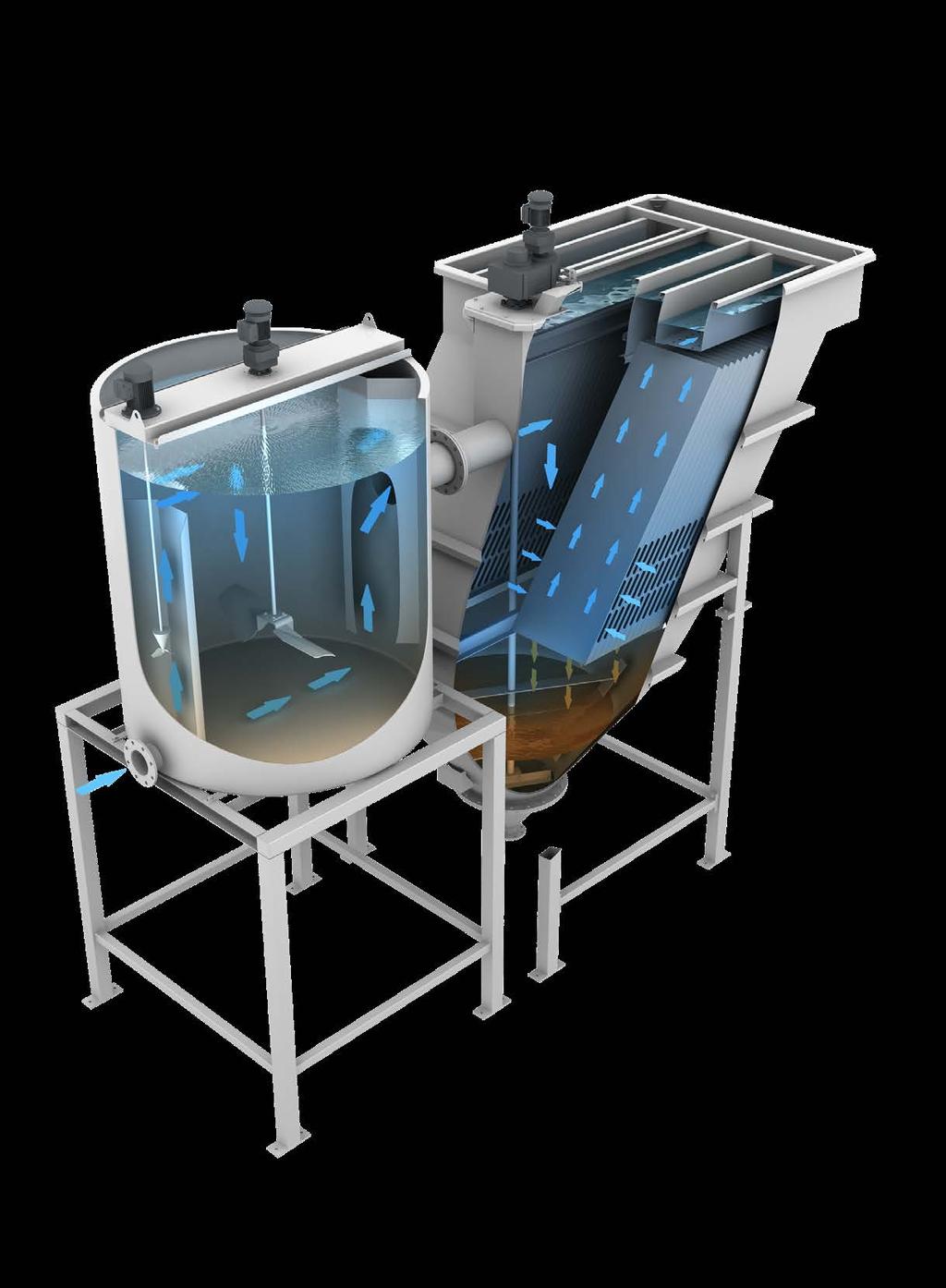 FREE STANDING MODELS All free standing models can optionally be equipped with one or more flocculation tank(s) with agitator and rapid mixer to improve flocculation and sedimentation.