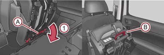 Immediately secure the folded forward seat with the aid of the fixing belt to a guide rod of the head restraint for the front seat - there is a risk of injury as soon as the vehicle starts off.