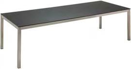 Seats - 8 110 206 4584 : 98cm x 162cm Table Brushed stainless steel frame with taupe satin finish glass table top.