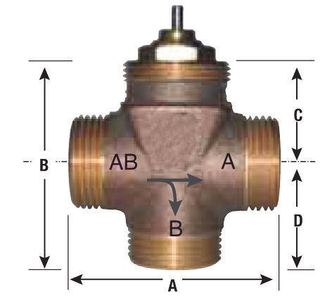 Stem DOWN flow AB to B Diverting: Female thread on all 3 ports Model Valve A B C D Weight TAAxxxxEB1 1/2 valve size 2.25 (58.