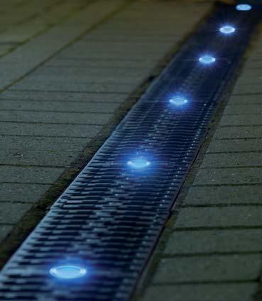 spotlights Strong, robust channel and grating assembly Up to 40 LED spotlights per transformer Can enhance the aesthetic appearance of many locations Efficient surface water drainage system Grating
