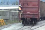 Significant neck flexion may occur when the switchman looks down to ensure his/her footing when climbing to the handbrake or onto the side of a railcar.