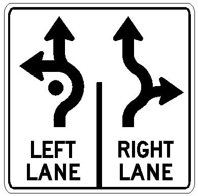 This sign directs traffic to the right of a roadway feature or an obstruction. This sign is posted over a highway lane that is used only for making a left turn.