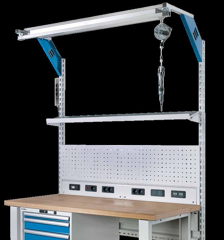 Lighting must be ordered separately, see page 120 Universal superstructures for workbenches Equipment 2 support pillars for mounting on workbench top 2 perforated rear panels for top width Module