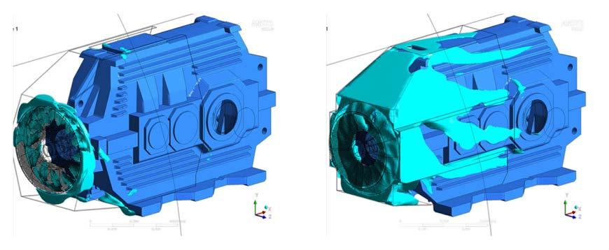 Figure 9 Concept 1 flow conditions for axial fan (left) and radial fan (right); the illustrated ISO surfaces show areas with air velocities higher than 15 m/s.
