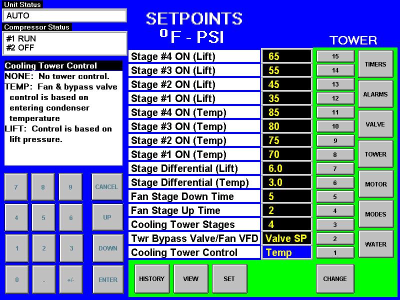 Cooling TOWER Fan Settings Figure 20, Cooling TOWER Fan Setpoint Screen (See page 31 for complete explanation.) Table 15, Tower Fan Settings Description No.