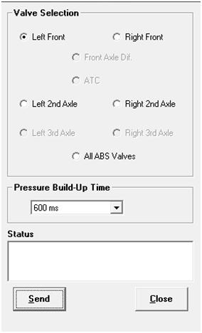 The valve selection screen will appear where you can choose to cycle Front Axle ABV, Rear Axle ABV or Trailer ABV individually.
