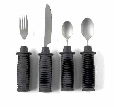 DINING ESSENTIALS Great Grip Utensils Soft, built-up handle for easy grip Metal shaft is bendable right or left at any angle to fit specific needs MDSR020471 Set of Four Utensils: Fork, Serrated