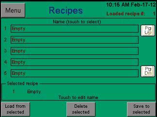 Control Function Descriptions (continued) Recipes Recipes Page Recipes Page The recipe page allows access to the recipe storage/retrieval system.