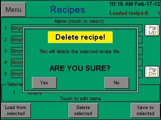 Control Function Descriptions (continued) Recipe Delete Page The Delete selected function is available anytime.
