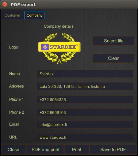 STARDEX GUI NEW FEATURES ENG 2017 In COMPANY tab, the fields should be filled in with company data. The company logo can also be changed or deleted here. The logo should be in JPG or PNG format.