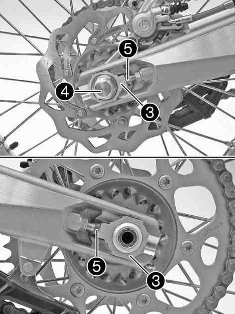 B00341-11 Lift the rear wheel into the swing arm, position it, and insert the wheel spindle. Put the chain on. B00342-10 Position chain adjuster. Mount nut, but do not tighten it yet.