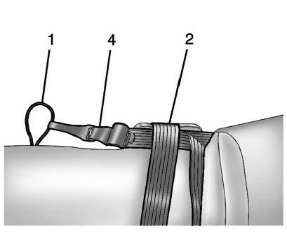 3.2. For a top tether in the rear center position: 3.2.1. Route the top tether (4) through the center loop (1), and behind the passenger side headrest post. 3.2.2. Then attach the top tether (4) to the top tether anchor (loop) at the rear passenger side seating position.