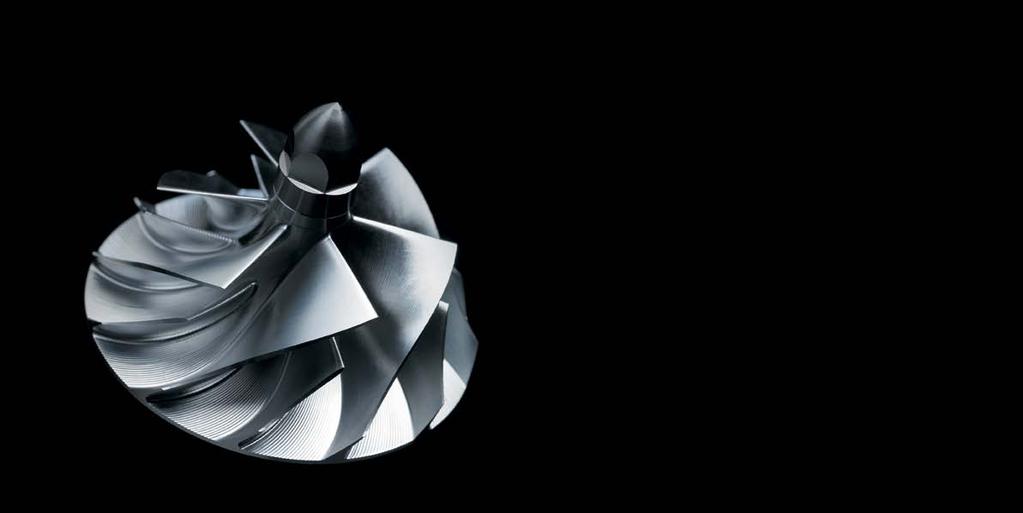 The impeller is formed from a forged aluminium block using a 5-axis CNC machining centre to ensure high precision and high durability.