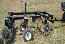 600 cc ATVS and above or compact tractors, 42, 48 & 52 Cutting width, 3 Square tubing main frame, Adjustable gang angle 16 Notched disc blades with sealed bearings Crank type lift for transport &