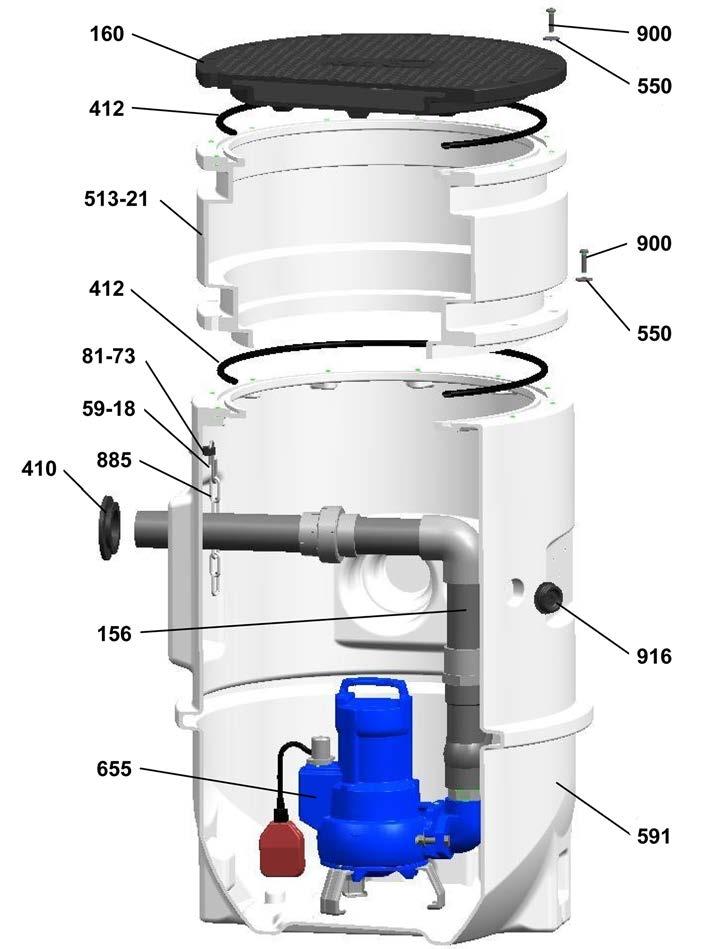 Exploded views with lists of components Evamatic-Box N 200 l - transportable version, with Ama-Porter Exploded view of transportable version 156 Discharge nozzle 591 Tank 160 Cover