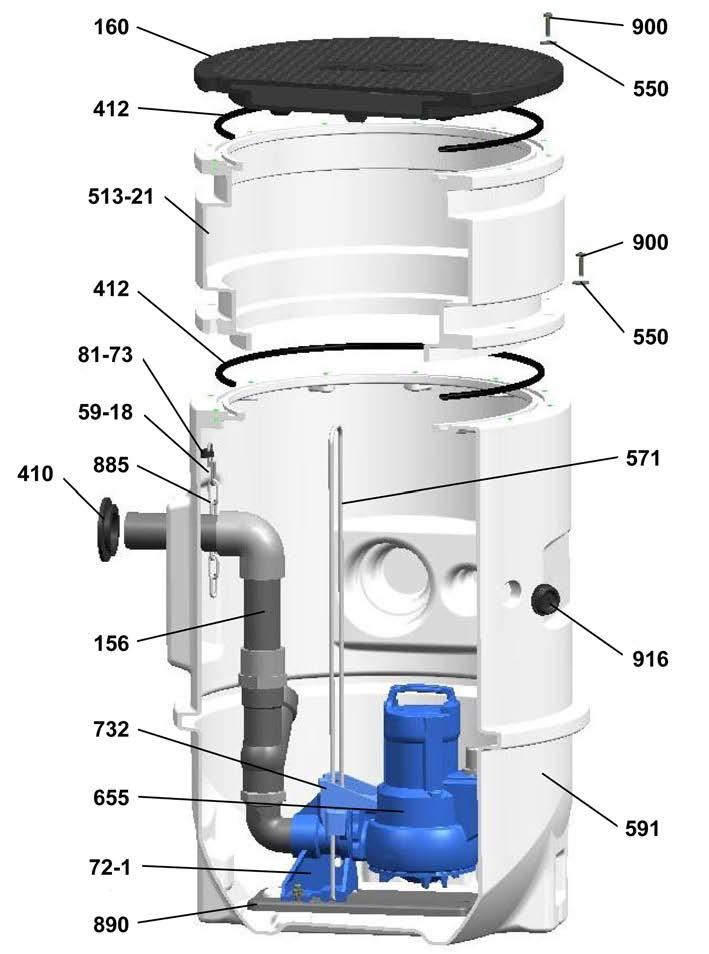 Evamatic-Box N 200 l - stationary version, with Ama-Porter Exploded view of stationary version 156 Discharge nozzle 591 Tank 160 Cover 655 Pump 410 Profile seal 72-1 Flanged bend 412