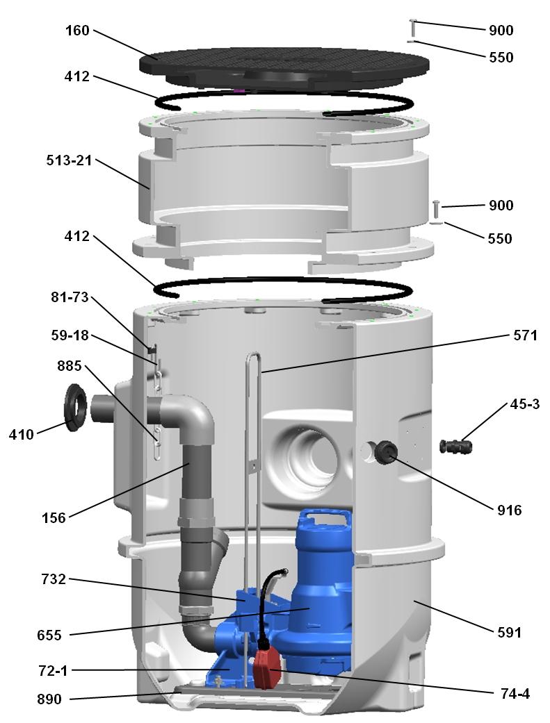 Evamatic-Box N 200 l - stationary version, with Amarex N S 32 Exploded view of stationary version 156 Discharge nozzle 591 Tank 160 Cover 655 Pump 45-3 Wall stuffing box 72-1 Flanged bend 410 Profile