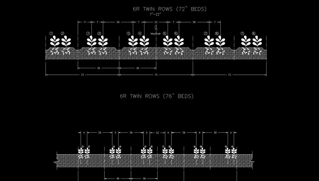 To install the rods in the correct position determine the row spacing used for the location of the tap root based on the spacing used for planting shown in the figures shown below.