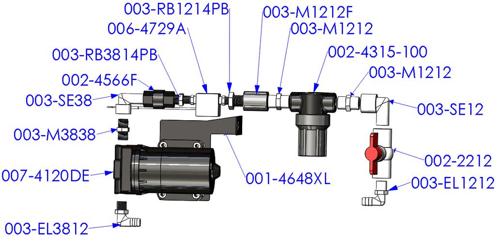 Parts Breakdown for Pump Assembly Part# Description Qty Part# Description Qty 003-EL3812 3/8 MPT X 1/2"HB Elbow 1 003-M1212 1/2" Union 2 007-4120DE 300 Series Pump 1 002-4315-100 1/2" Line