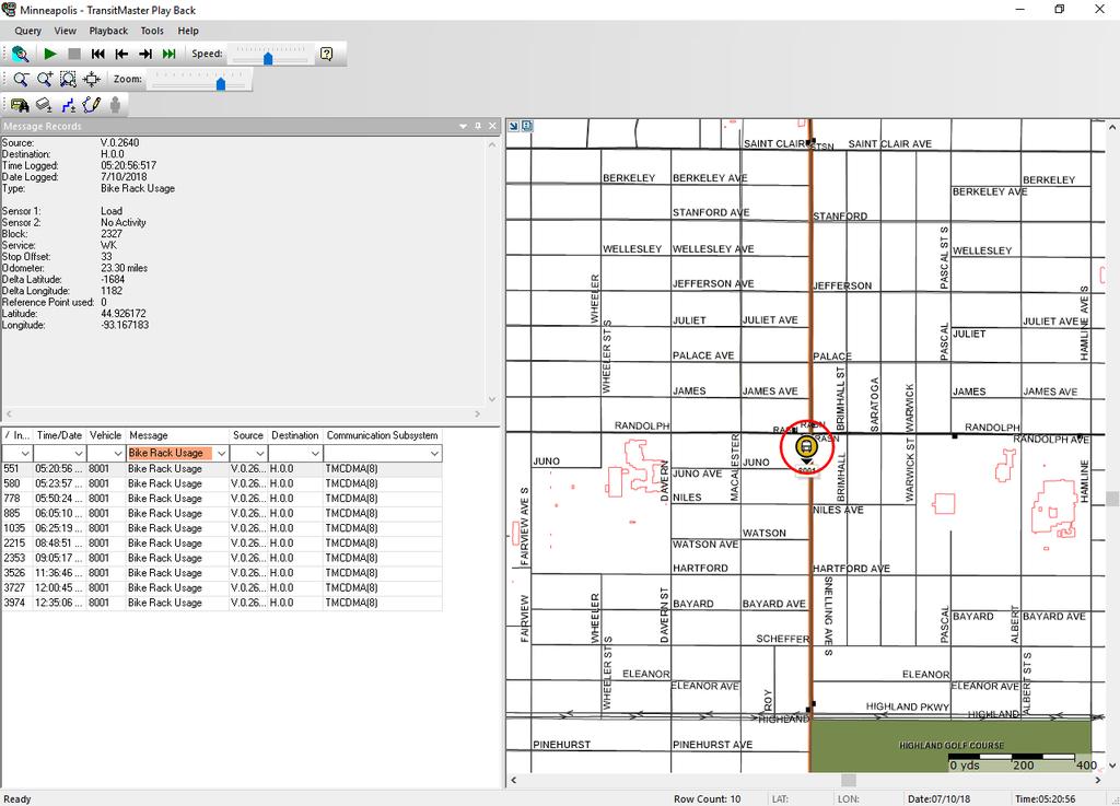 Screenshot of the TransitMaster Play Back application showing bike rack usage on a