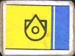 Yellow, blue and white label with red