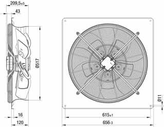 axial fans, Ø 500, drawings for direction of air flow "" Without attachments able gland epth of screw max.