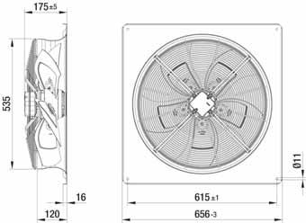 axial fans, Ø 500, drawings for direction of air flow Without attachments able gland epth of screw max.