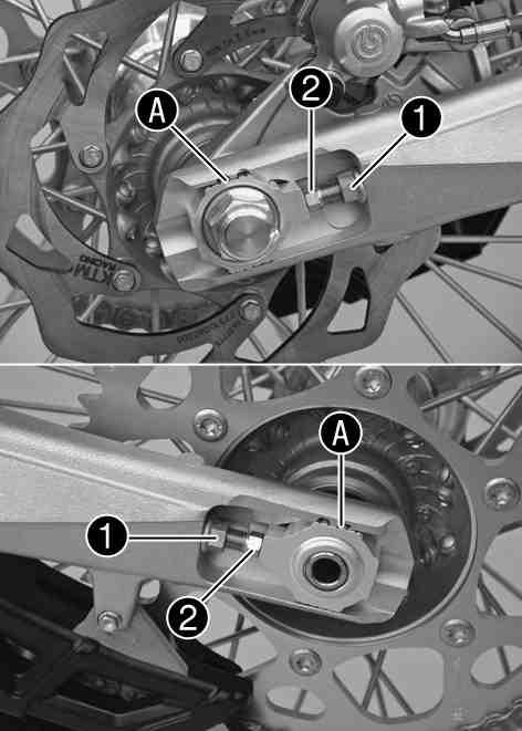 MAINTENANCE WORK ON CHASSIS AND ENGINE 54 11.56Adjusting chain tension - fitting rear wheel Loosen nuts. Adjust the chain tension by turning the adjusting screws left and right.