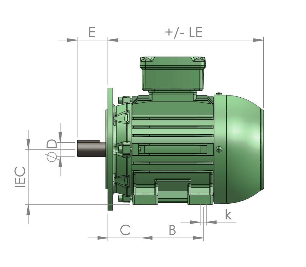 IEC STANDARD MOTORS DIMENSIONS / WEIGHTS Foot/flange motor IMB35 IM2001 Motor 1450 min -1 Weight * I n 2900 min -1 Weight * I n A n1 B C k D E LE IEC kw +/- Kg A kw +/- Kg A (mm) (mm) (mm) (mm) (mm)