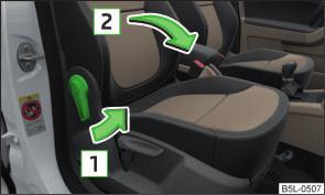 Folding front passenger seat Fig. 45 Folding the front passenger seat forward (Continued) When moving the seat backrest, keep limbs out of the area between the seat and seat backrest risk of injury!