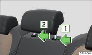 To move the head restraint downwards, press and hold the safety button in the direction of arrow 2 with one hand and press the head restraint in the direction of arrow 3 with the other hand.