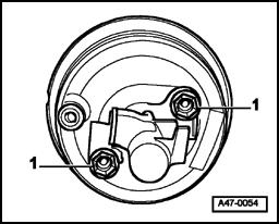 - Remove T45 Torx bolts -1- from brake servo. - Remove brake servo together with brake master cylinder as a unit. - Remove nuts -1- attaching brake master cylinder to brake servo.