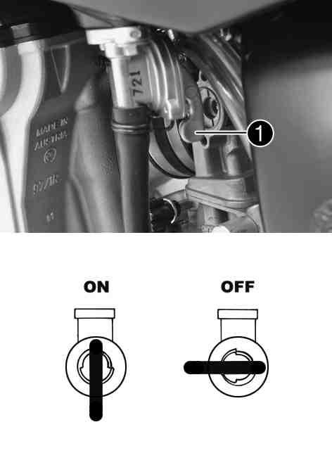 CONTROLS 22 7.1Fuel tap (EXC F, EXC F SIX DAYS, XCF-W) The fuel tap is on the left side of the fuel tank. Using tap handle on the fuel tap, you can open or close the supply of fuel to the carburetor.