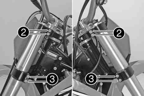 MAINTENANCE WORK ON CHASSIS AND ENGINE 51 (250 EXC-F SIX DAYS EU) Loosen screws. Remove the fork leg on the left. Loosen screws. Remove the fork leg on the right. 100803-10 (SX F) Loosen screws.