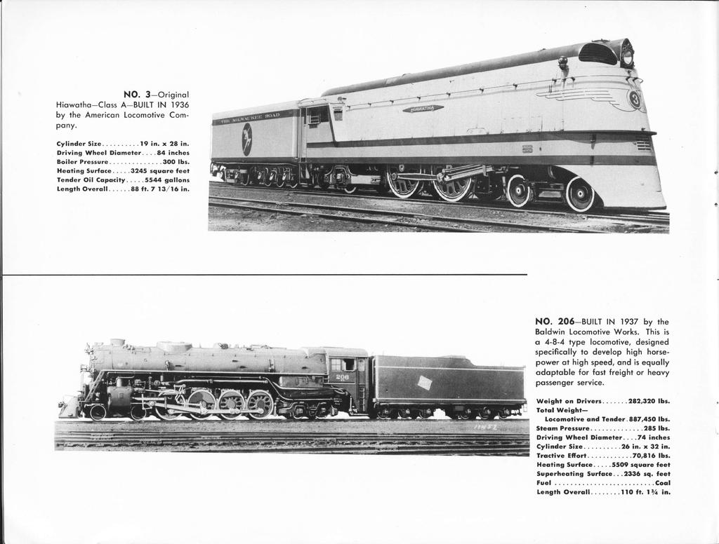 NO. 3 Original Hiawatha Class A BUILT IN 1936 by the American Locomotive Company. Cylinder Size 1 9 in. x 28 in. Driving Wheel Diameter. 8 4 inches Boiler Pressure 3 0 0 lbs.