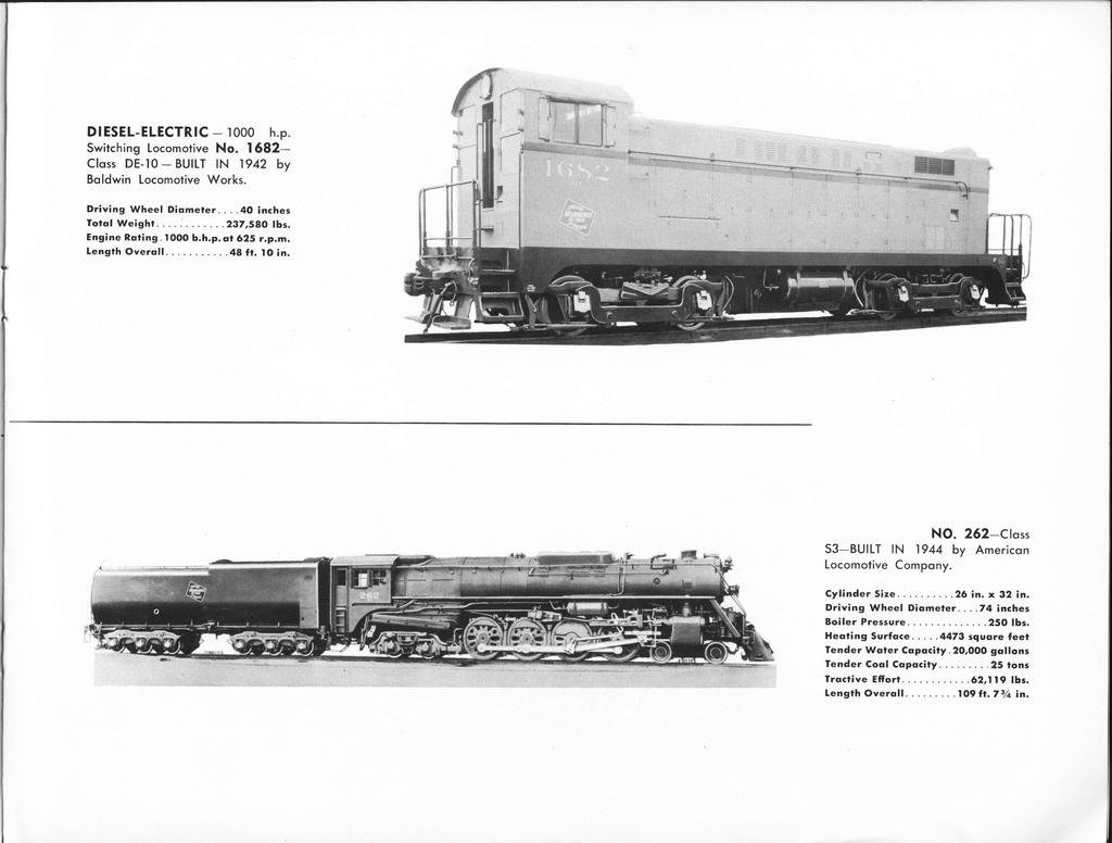 DIESEL-ELECTRIC 1000 h. p. Switching Locomotive No. 1682-- Class DE-10 BUILT IN 1942 by Baldwin Locomotive Works. Driving Wheel Diameter 40 inches Total Weight 2 3 7, 5 8 0 lbs. Engine Rating 1000 b.