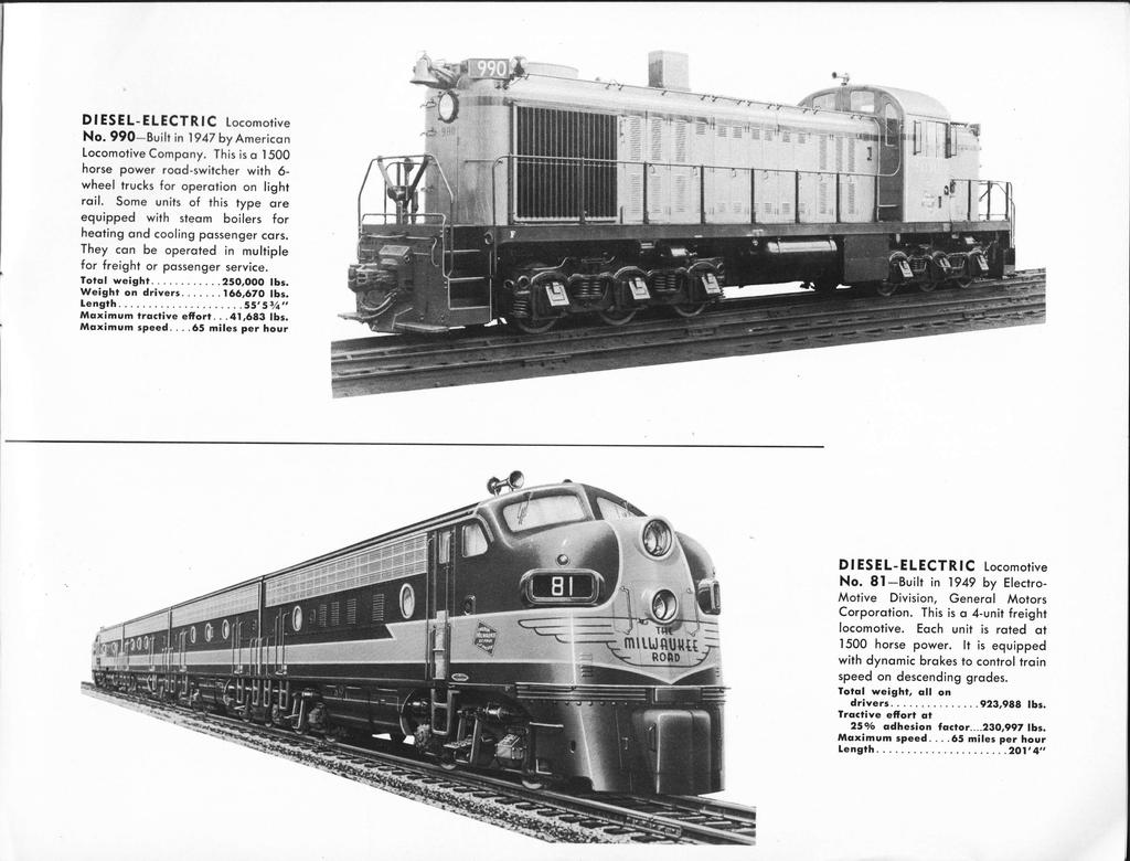 Weight on drivers 166,670 lbs. Length 5 5 ' 53/4" Maximum tractive effort...41,683 lbs. Maximum speed...65 miles per hour DIESEL-ELECTRIC Locomotive No.