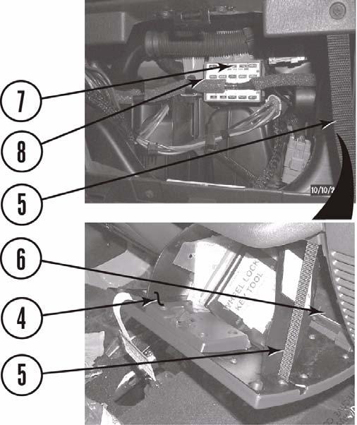 Position glove box (4) on dash (6) and connect strap (5). 3. Connect both battery cables to the battery (3).