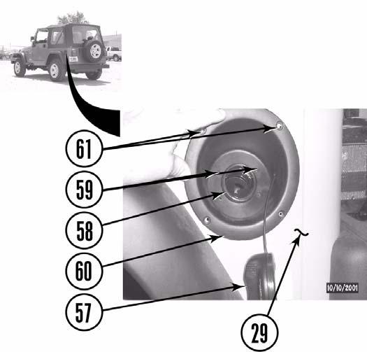 b. Remove four screws (60) and fuel filler assembly (59) from fuel filler surround (61). c.