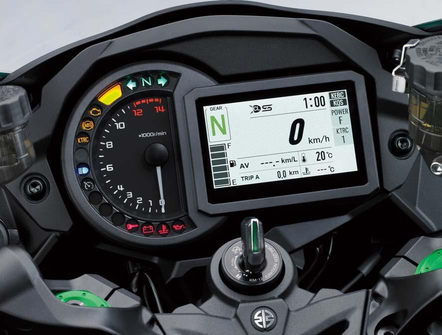 In addition to the digital speedometer and gear position indicator, display functions include: fuel gauge, odometer, dual trip meters, current mileage, average mileage, fuel consumption, bank angle