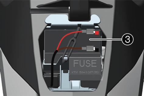 Version 1: Lightly damaged vehicle (Orange high-voltage cable is not visible, no visible damage to KTM PowerPack) 1. Switch off the main switch. 2. Unlock the seat and fold it up. 3.