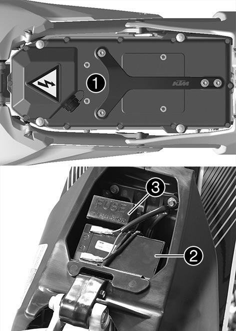 2 IMPORTANT NOTES 4 2.1 Power supply The vehicle contains a high-voltage battery 1 (the KTM PowerPack, 260 V) and a 12-V battery 2. The 12-V battery is located under the seat.